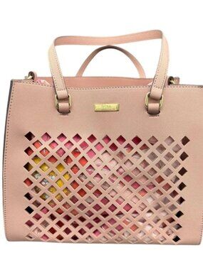 Trina Turk Pink Perforated Tote with Multicolor Interior Peek